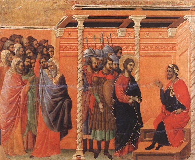 Jesus och Pontius Pilatus. Maestà, Duccio di Buoninsegna.
